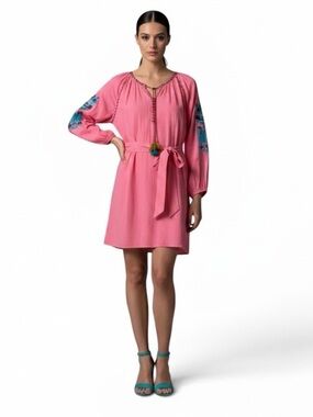 Figue New York Dress V Neck Long Sleeve 100% Cotton Embroidered India  Boho
